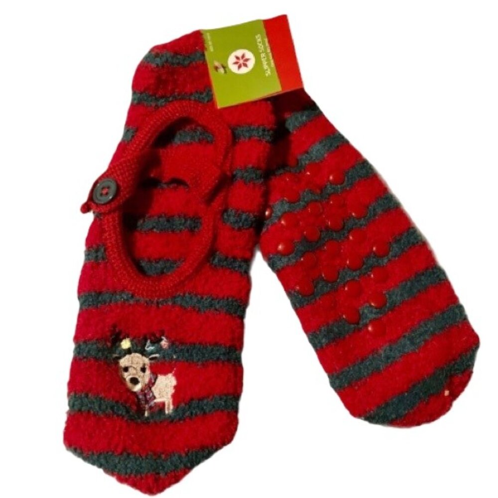 SLIPPER SOCKS Striped Embroidered Reindeer Red Green Holiday Festive One size